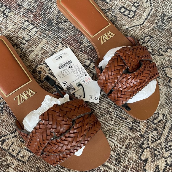 NWT Zara Leather Braided Woven Knot Sandals in Cognac Brown - 6.5 - Picture 6 of 8